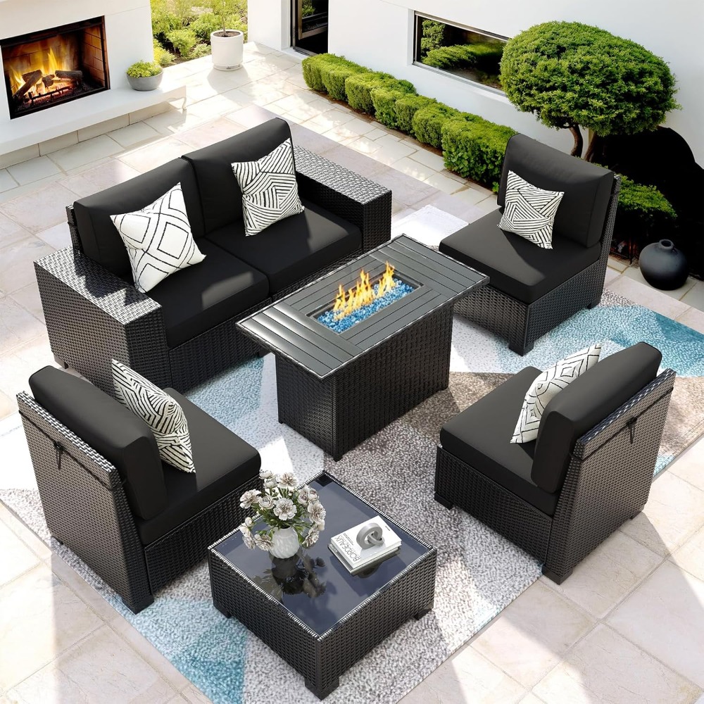 Outdoor Furniture Set With Fire Pit - 7 Piece Outdoor Sectional Sofa with
