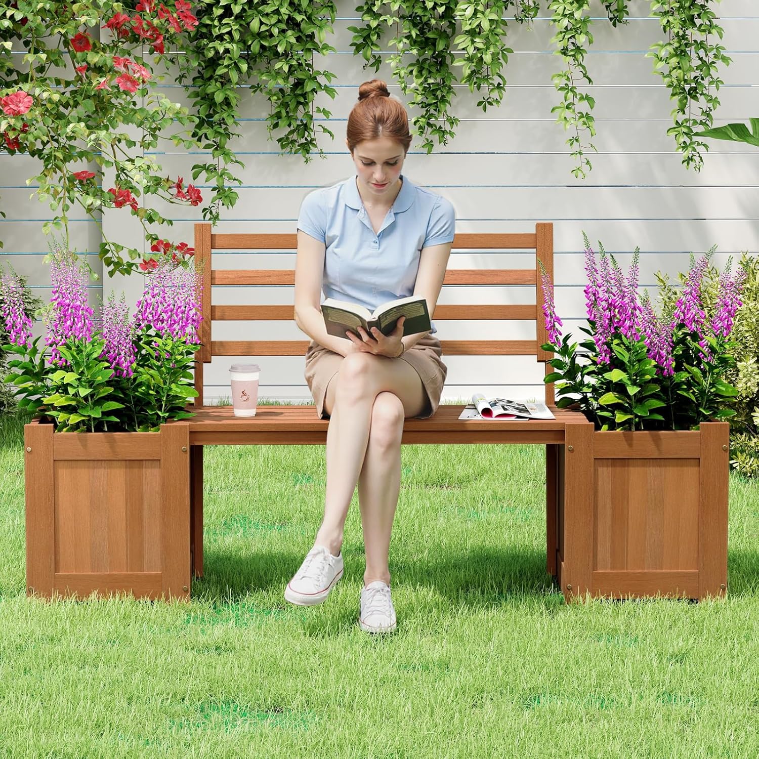 2-in-1 Wood Outdoor Bench with - Outdoor Furniture Oil บทวิจารณ์และราคา