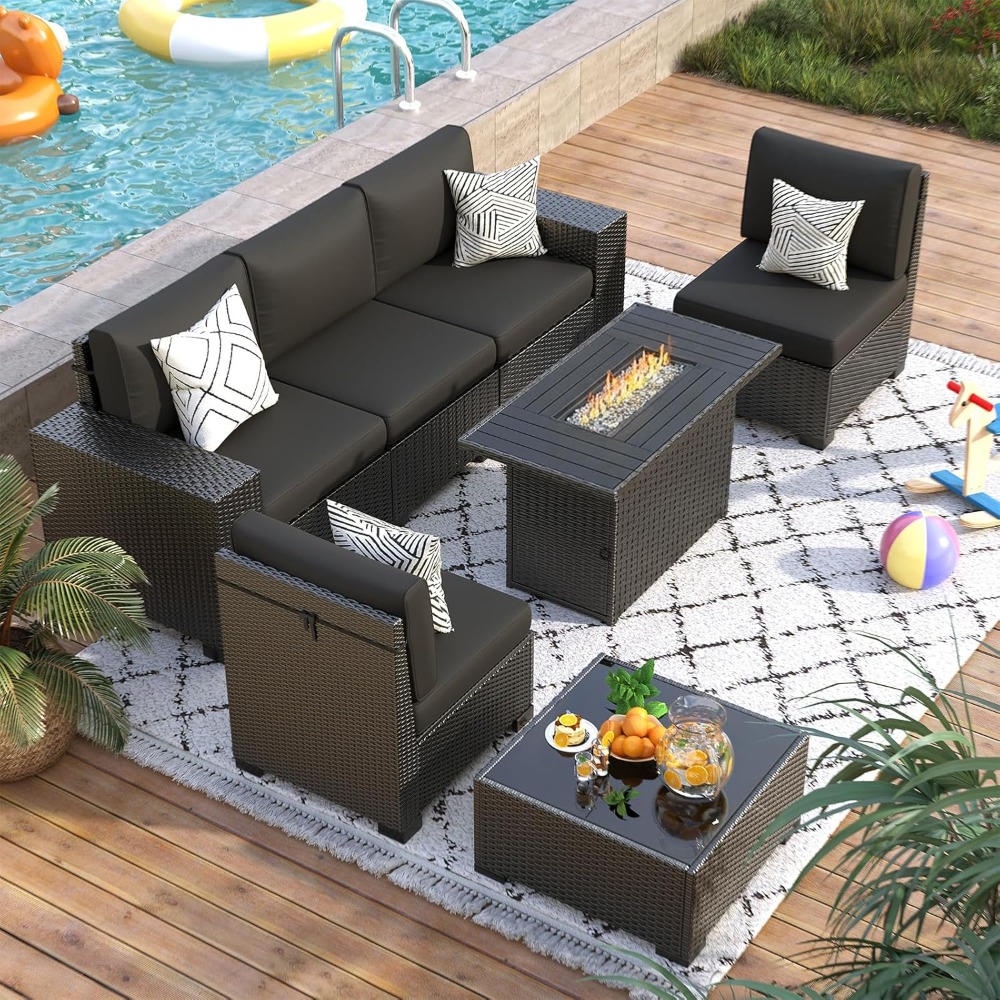 7 Piece Outdoor Sectional Sofa - Outdoor Furniture Set With Fire Pit บทวิจารณ์และราคา