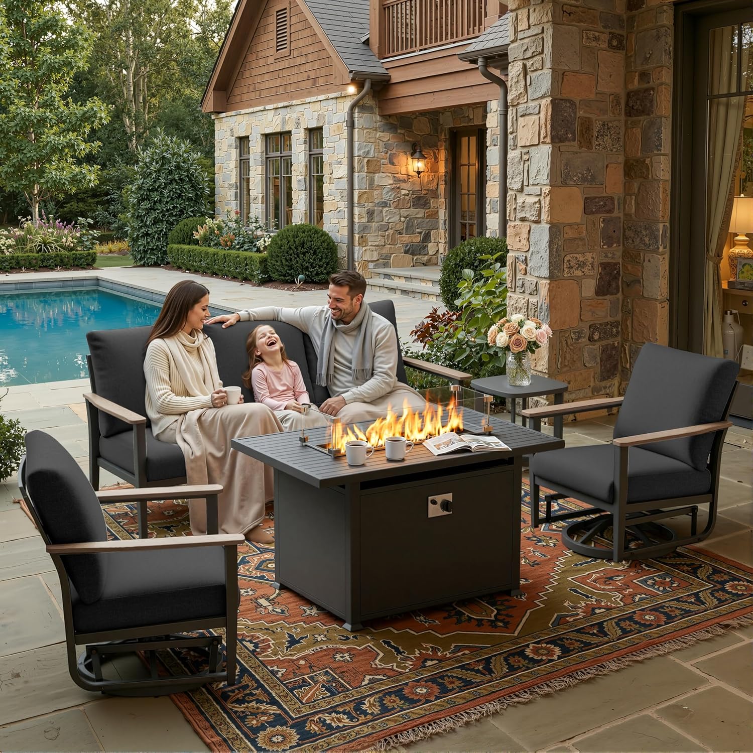5pc Aluminum Patio Set Swivel  - Outdoor Furniture And Fire Pit บทวิจารณ์และราคา