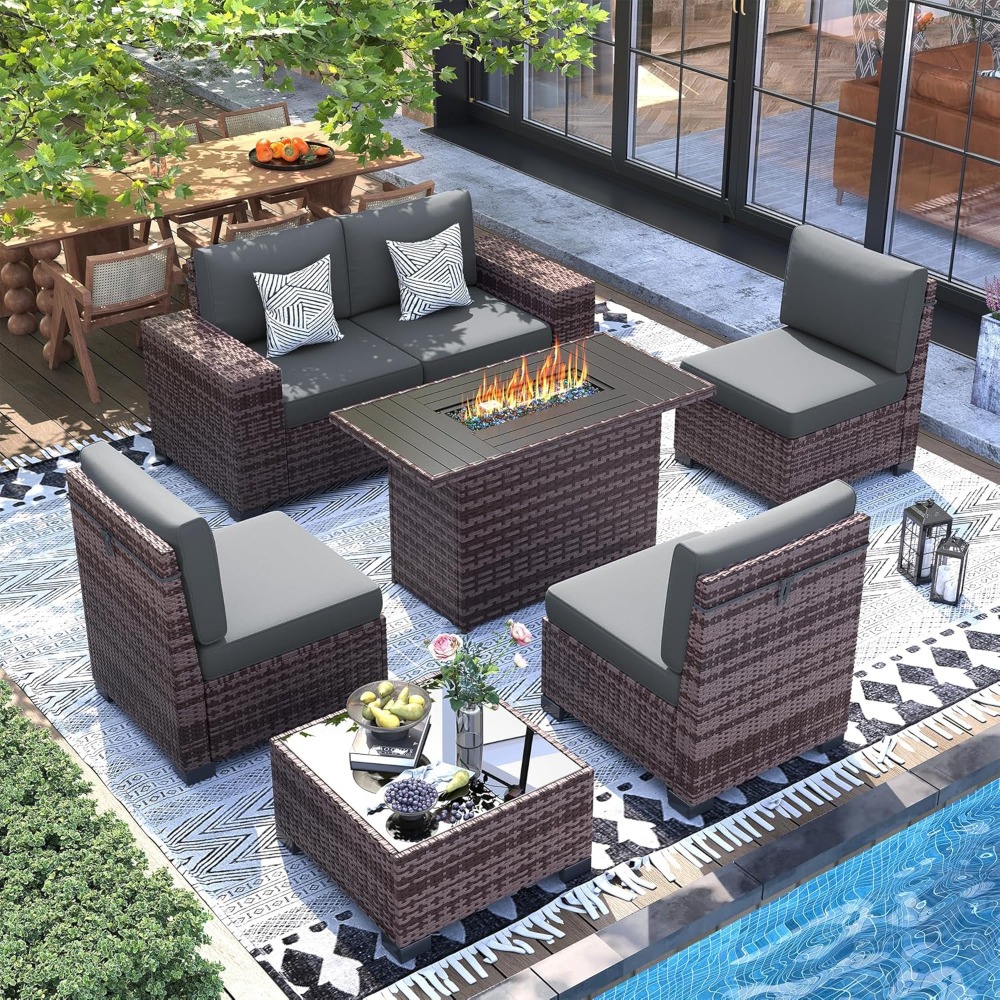 Sectional Sofa Set with Fire P - Outdoor Furniture And Fire Pit บทวิจารณ์และราคา